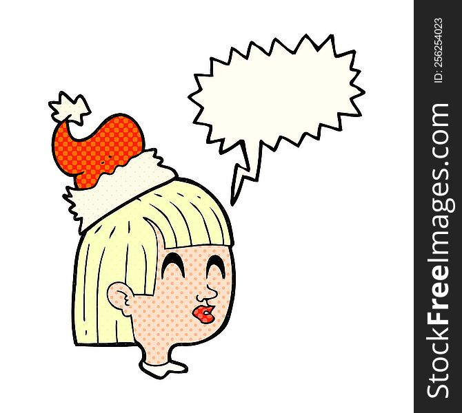 freehand drawn comic book speech bubble cartoon girl wearing christmas hat. freehand drawn comic book speech bubble cartoon girl wearing christmas hat
