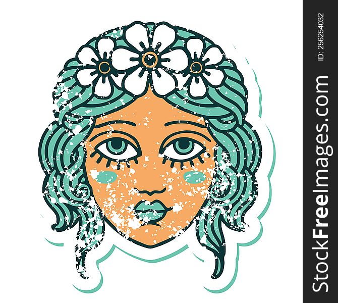 Distressed Sticker Tattoo Style Icon Of Female Face With Crown Of Flowers