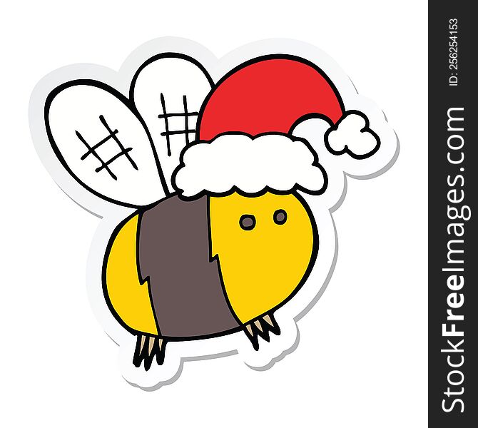 Sticker Of A Cute Cartoon Bee Wearing Christmas Hat