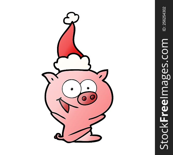 cheerful sitting pig gradient cartoon of a wearing santa hat