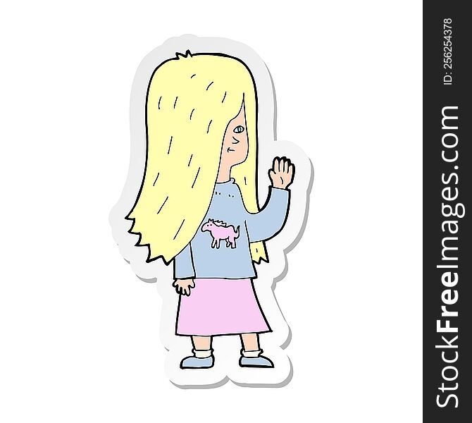 Sticker Of A Cartoon Girl With Pony Shirt Waving