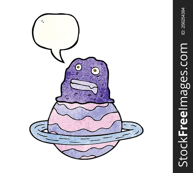 freehand speech bubble textured cartoon alien on planet