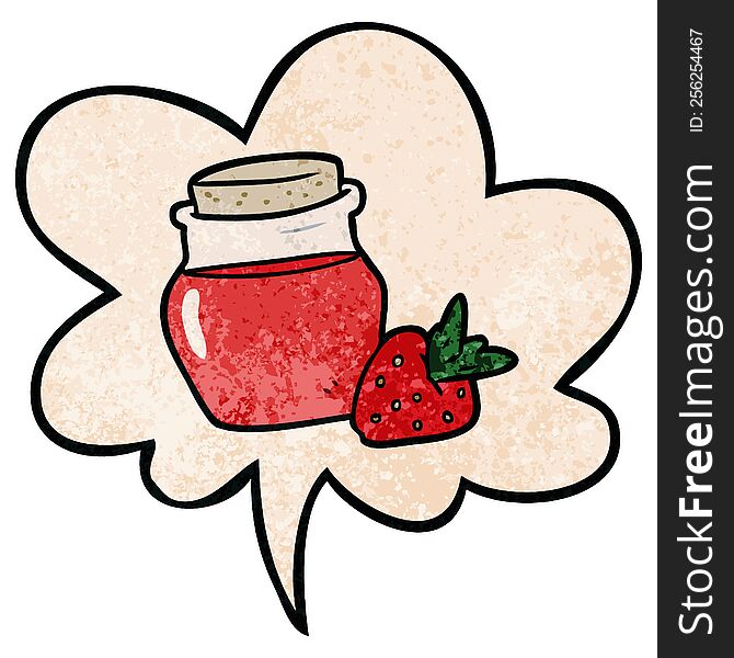 Cartoon Jar Of Strawberry Jam And Speech Bubble In Retro Texture Style