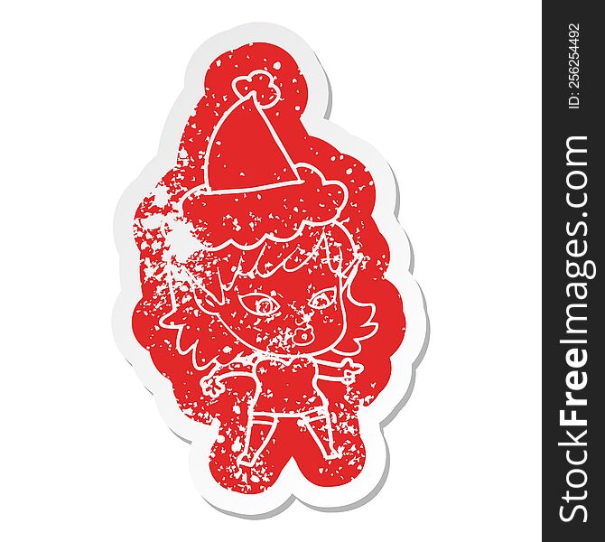 pretty quirky cartoon distressed sticker of a elf girl wearing santa hat