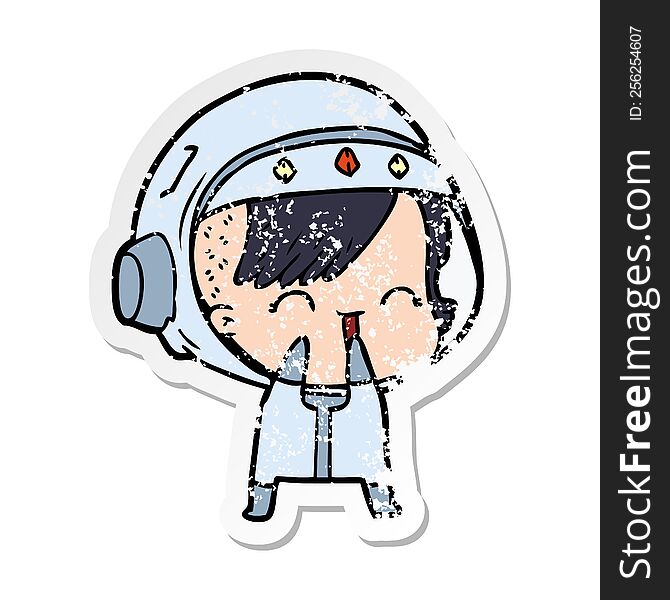 distressed sticker of a cartoon laughing astronaut girl