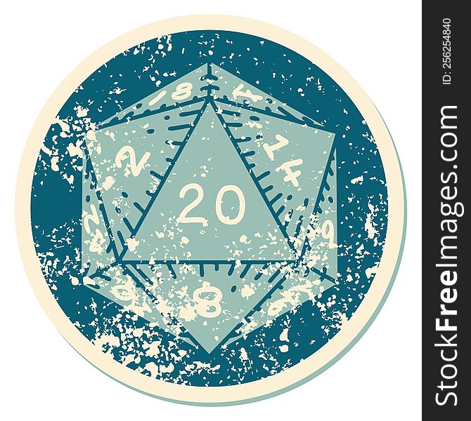 iconic distressed sticker tattoo style image of a d20 dice. iconic distressed sticker tattoo style image of a d20 dice