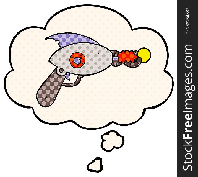 cartoon ray gun with thought bubble in comic book style