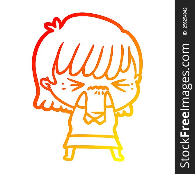 Warm Gradient Line Drawing Annoyed Cartoon Girl