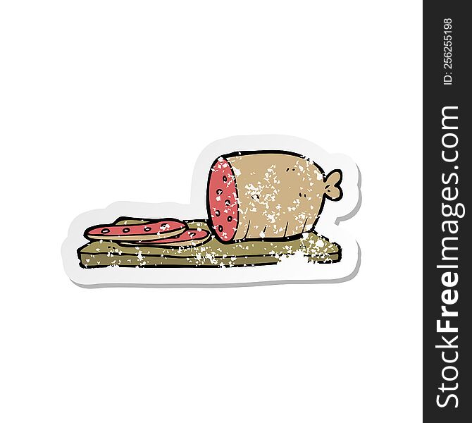 retro distressed sticker of a cartoon sliced sausage