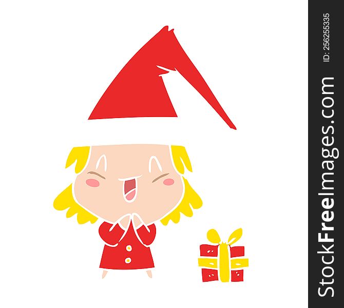 Flat Color Style Cartoon Girl Wearing Christmas Hat