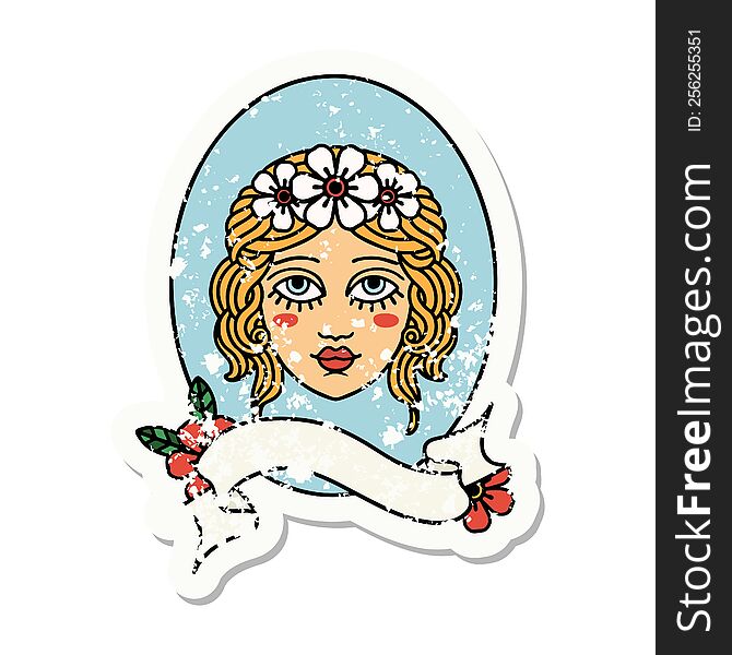 worn old sticker with banner of a maiden with flowers in her hair. worn old sticker with banner of a maiden with flowers in her hair