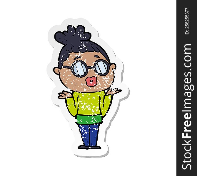 distressed sticker of a cartoon confused woman wearing spectacles