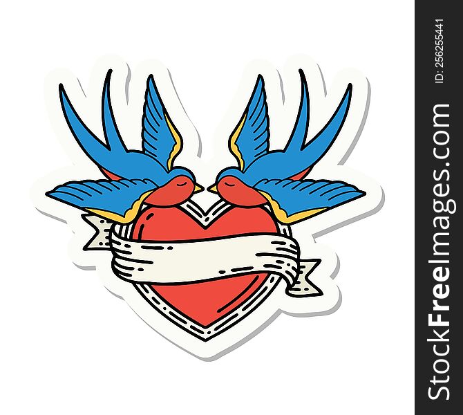 sticker of tattoo in traditional style of swallows and a heart with banner. sticker of tattoo in traditional style of swallows and a heart with banner