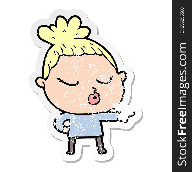 distressed sticker of a cartoon calm woman