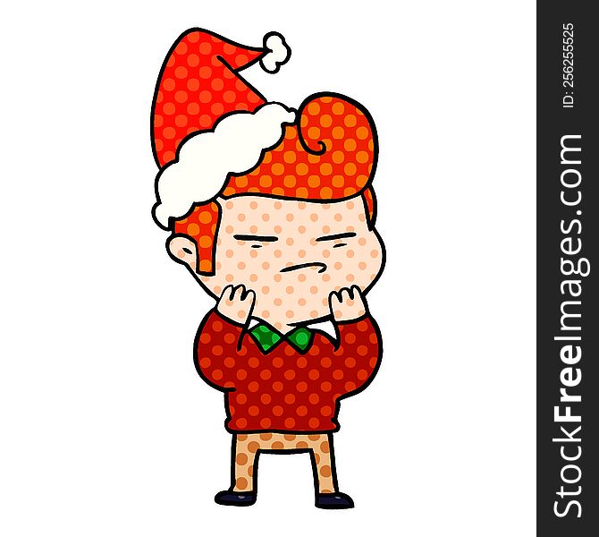 hand drawn comic book style illustration of a cool guy with fashion hair cut wearing santa hat
