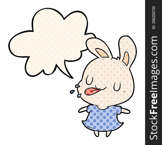 cute cartoon rabbit blowing raspberry with speech bubble in comic book style