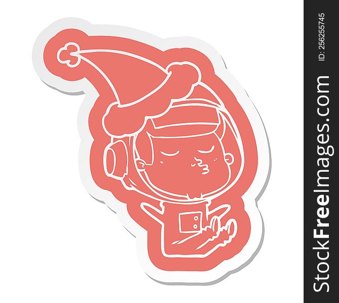 Cartoon  Sticker Of A Confident Astronaut Wearing Santa Hat