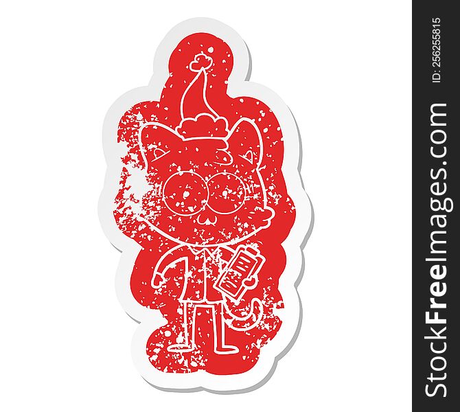 quirky cartoon distressed sticker of a surprised office worker cat wearing santa hat