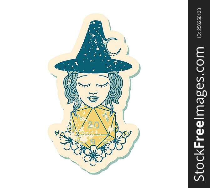 Human Witch With Natural Twenty Dice Roll Grunge Sticker