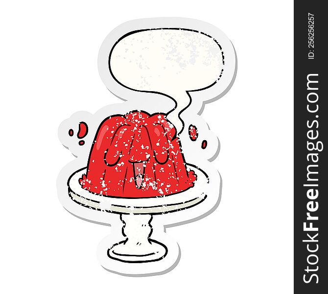 Cartoon Jelly On Plate Wobbling And Speech Bubble Distressed Sticker