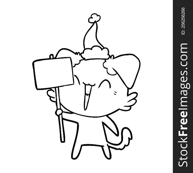 happy little line drawing of a dog holding sign wearing santa hat