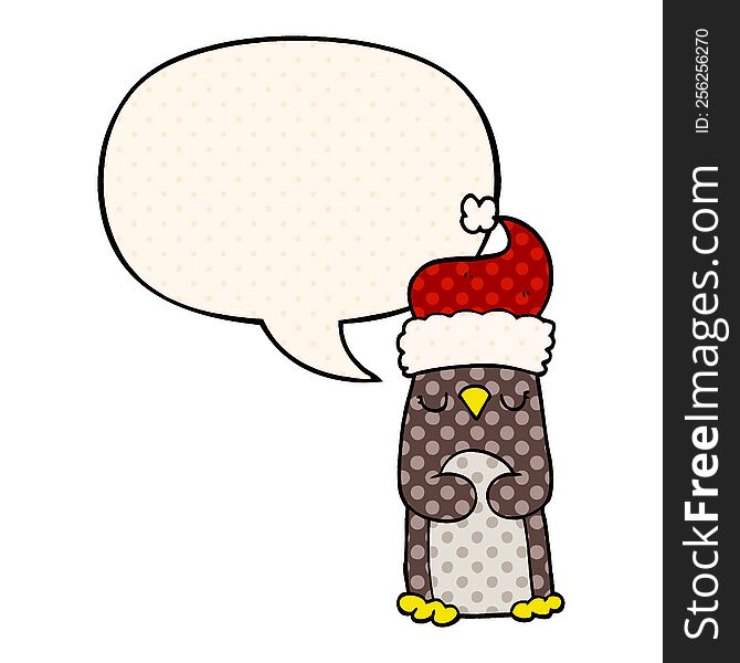 cartoon christmas penguin with speech bubble in comic book style