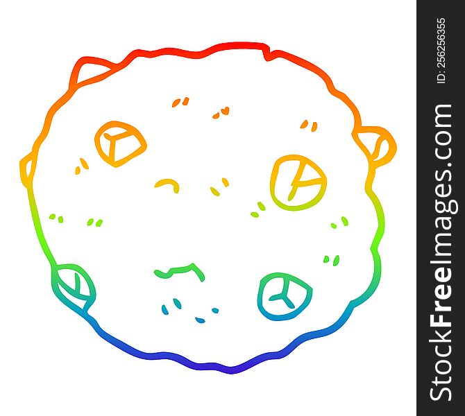rainbow gradient line drawing of a cartoon chocolate chip cookie