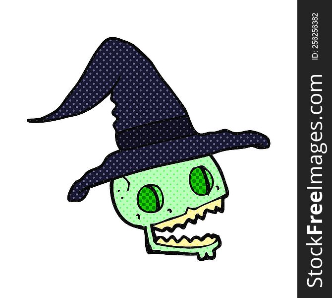 freehand drawn comic book style cartoon skull wearing witch hat
