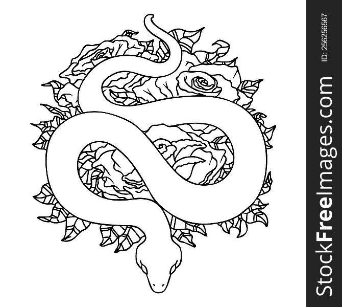 tattoo in black line style of snake and roses. tattoo in black line style of snake and roses