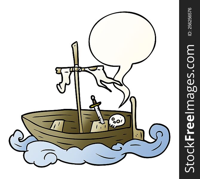 cartoon old shipwrecked boat with speech bubble in smooth gradient style