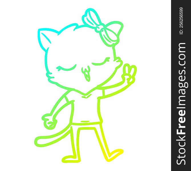 Cold Gradient Line Drawing Cartoon Cat With Bow On Head Giving Peace Sign