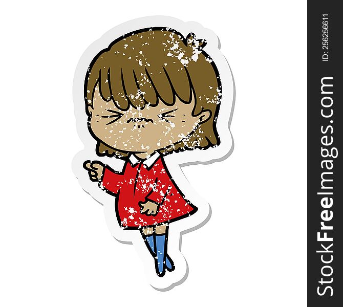 distressed sticker of a annoyed cartoon girl making accusation