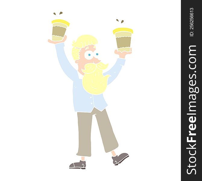 flat color illustration of man with coffee cups. flat color illustration of man with coffee cups