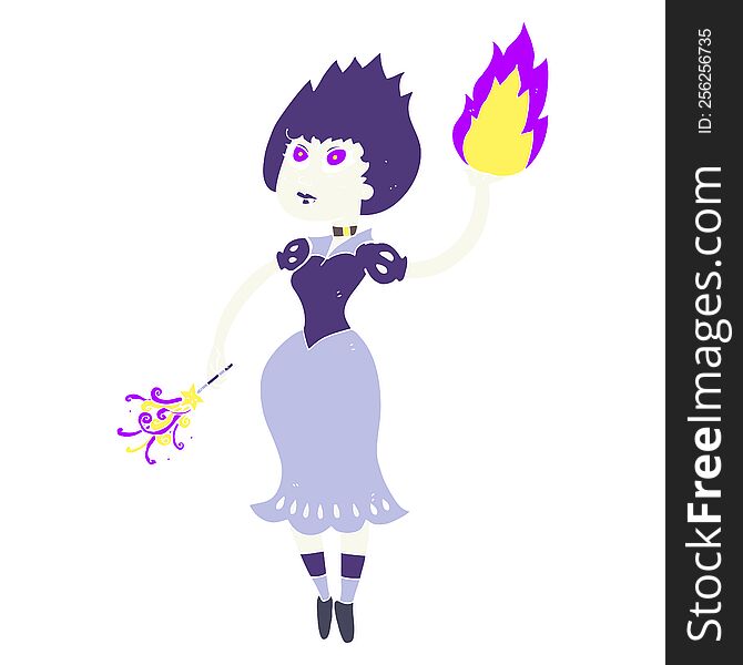 Flat Color Illustration Of A Cartoon Vampire Girl Casting Fireball