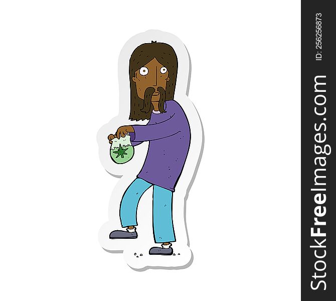 sticker of a cartoon hippie man with bag of weed