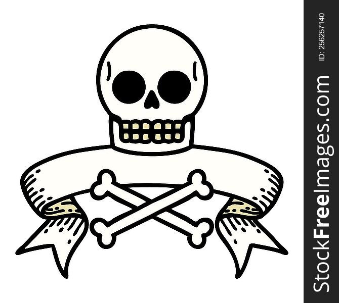 Tattoo With Banner Of A Skull And Bones