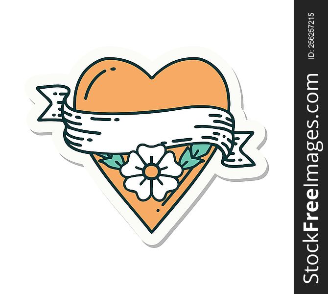 sticker of tattoo in traditional style of a heart flower and banner. sticker of tattoo in traditional style of a heart flower and banner