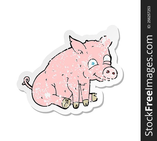 Retro Distressed Sticker Of A Cartoon Happy Pig