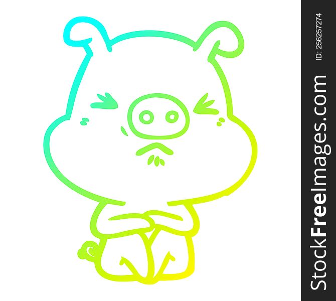 cold gradient line drawing of a cartoon angry pig sat waiting