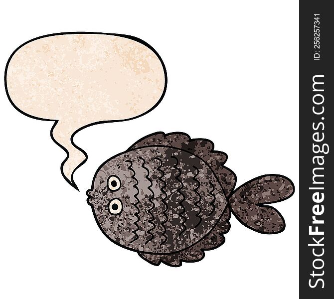 cartoon flat fish with speech bubble in retro texture style