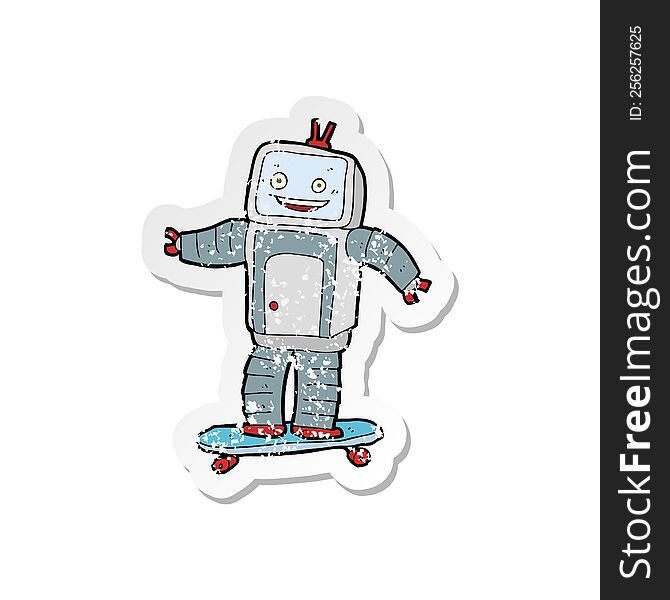 retro distressed sticker of a cartoon skateboarding robot