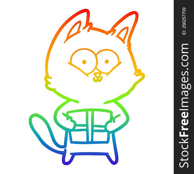 Rainbow Gradient Line Drawing Cartoon Cat Holding Christmas Present