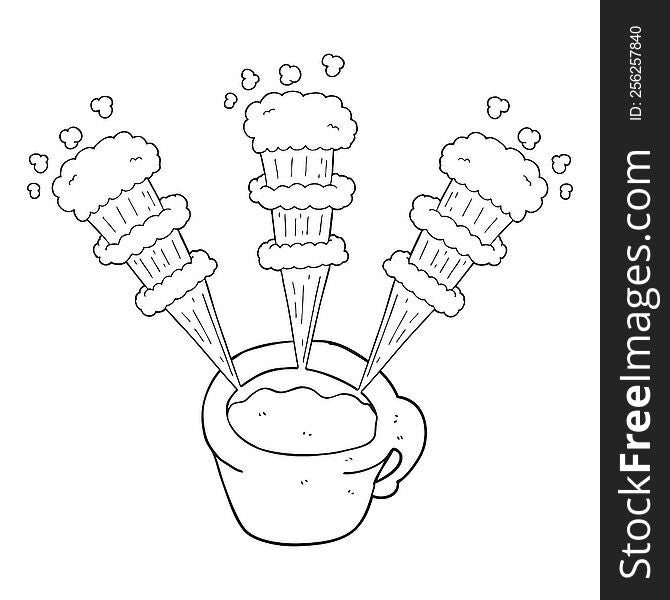 freehand drawn black and white cartoon hot coffee mug