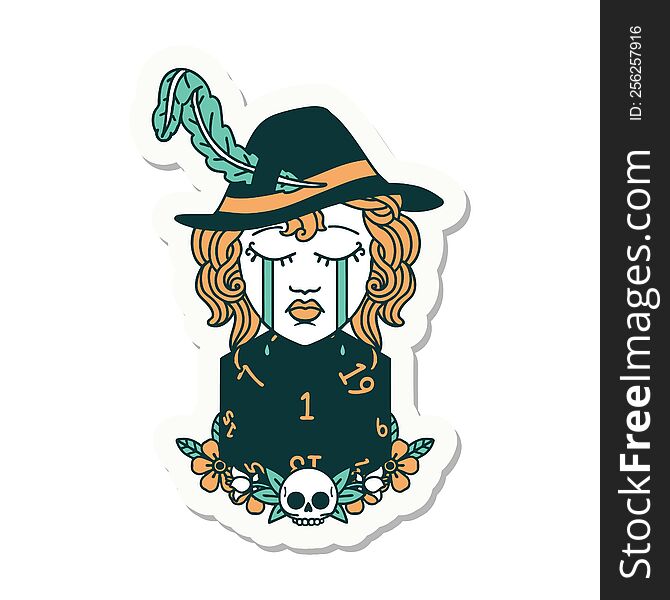 Crying Human Bard With Natural One D20 Dice Roll Sticker