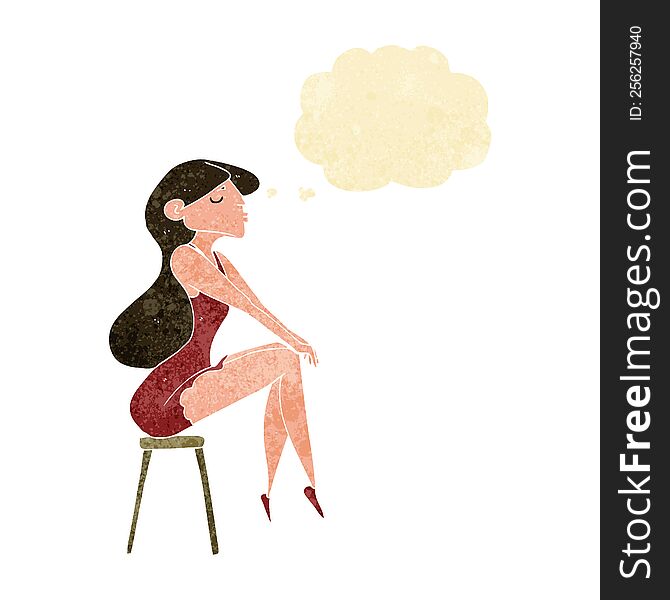 cartoon woman sitting on stool with thought bubble