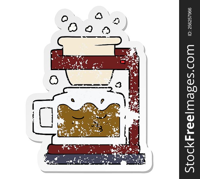 distressed sticker of a cartoon filter coffee machine