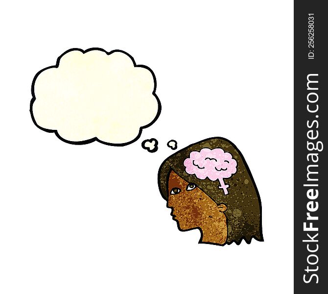 Cartoon Female Head With Brain Symbol With Thought Bubble