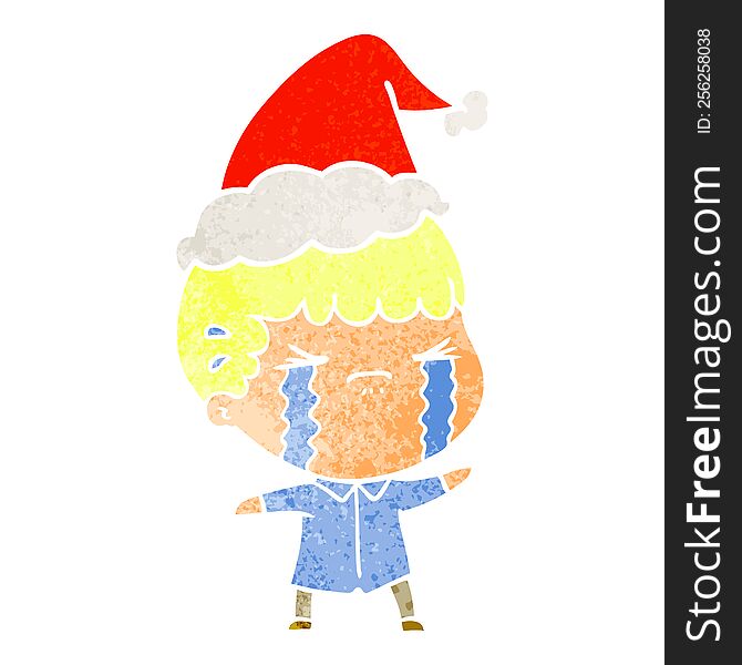 Retro Cartoon Of A Man Crying Wearing Santa Hat