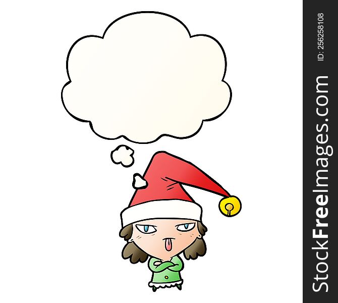 cartoon girl wearing christmas hat with thought bubble in smooth gradient style