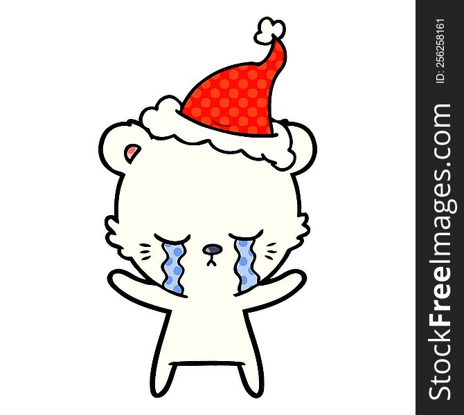 Crying Comic Book Style Illustration Of A Polarbear Wearing Santa Hat